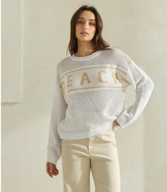 Beach Lettering Sweater Top in Ivory/Taupe