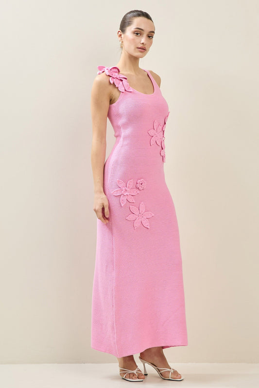 Flower Appliqué Sweater Maxi Dress in Pink