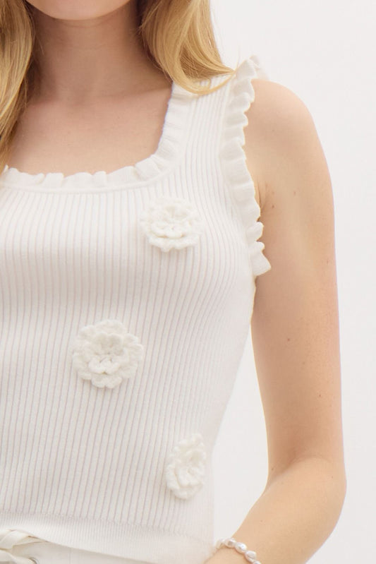 Ribbed Sleeveless Sweater W/3D Floral Crochet