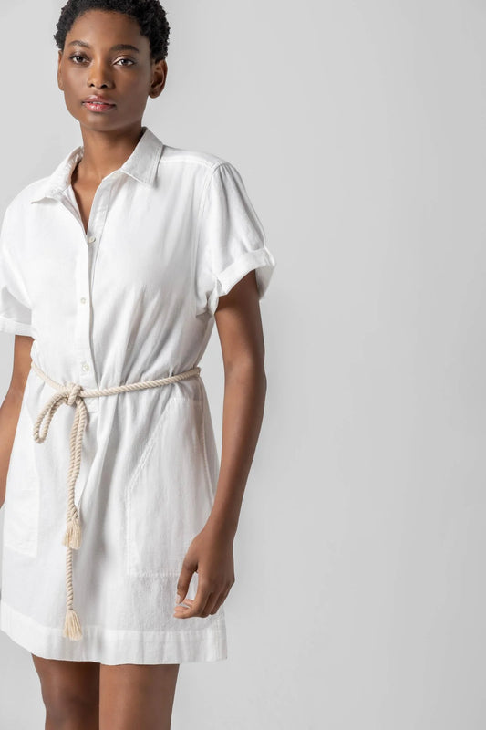 Half Placket Shirt Dress in White