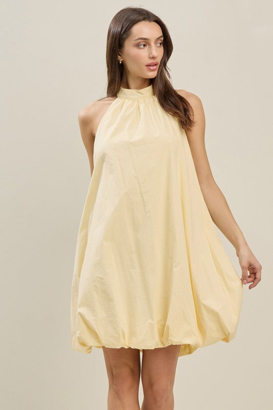 Balloon Bottom Halter Neck Mini Dress in Butter Cream