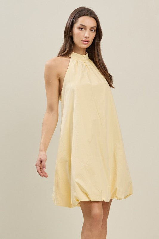 Balloon Bottom Halter Neck Mini Dress in Butter Cream