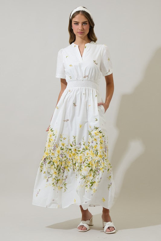 Bliss Field Janey Poplin Maxi Dress in Ivory Multi