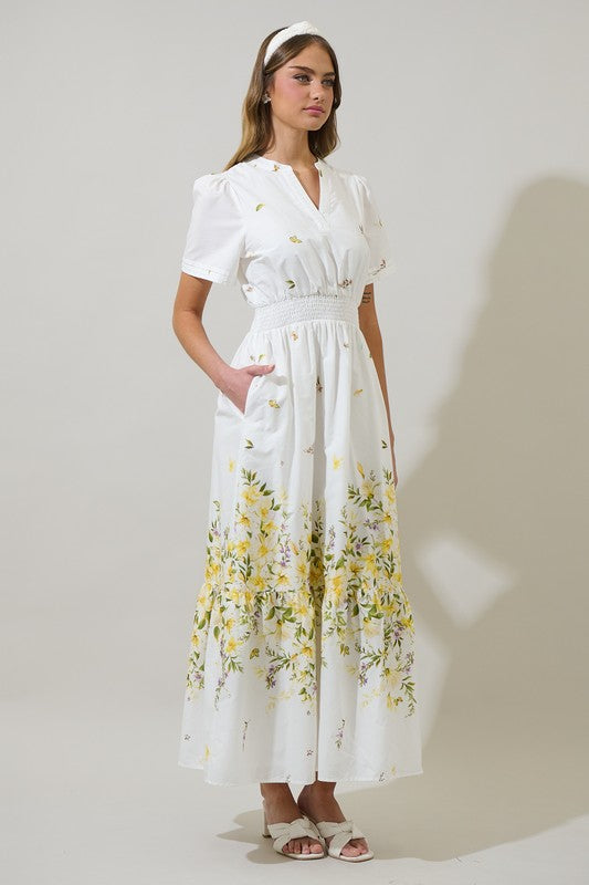 Bliss Field Janey Poplin Maxi Dress in Ivory Multi