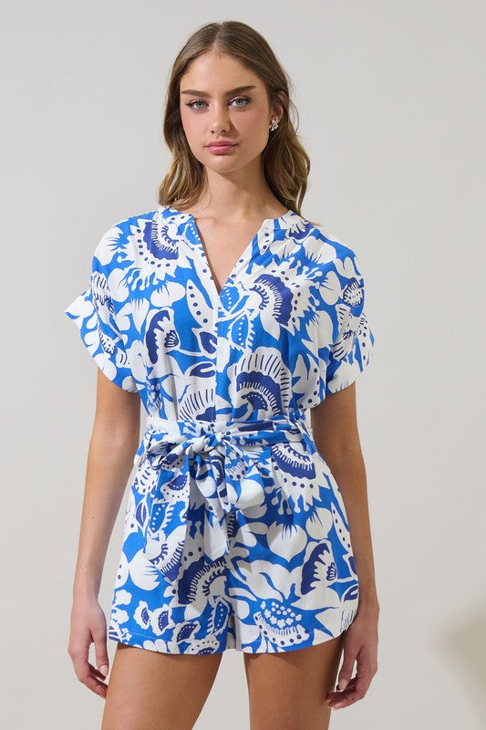 Ronan Floral Split Neck Blouse in Blue/White