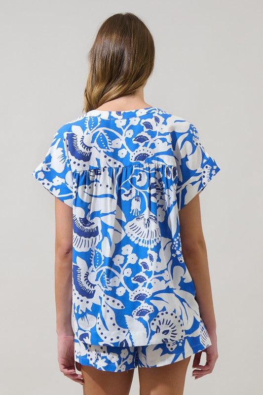 Ronan Floral Split Neck Blouse in Blue/White