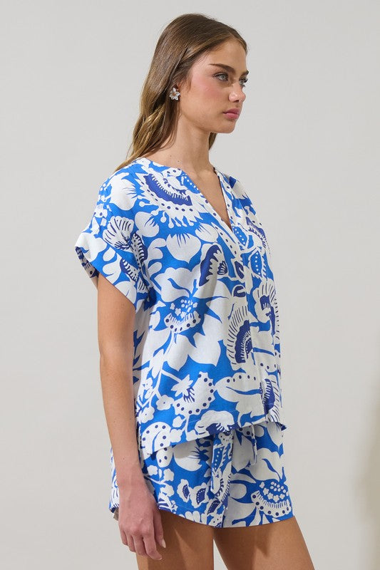 Ronan Floral Split Neck Blouse in Blue/White