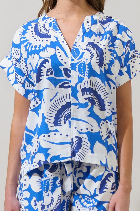 Ronan Floral Split Neck Blouse in Blue/White