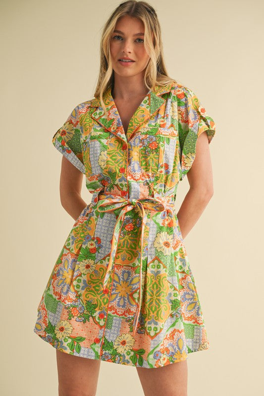 Button Down Mini Dress W/Piping in Sage Green Multi