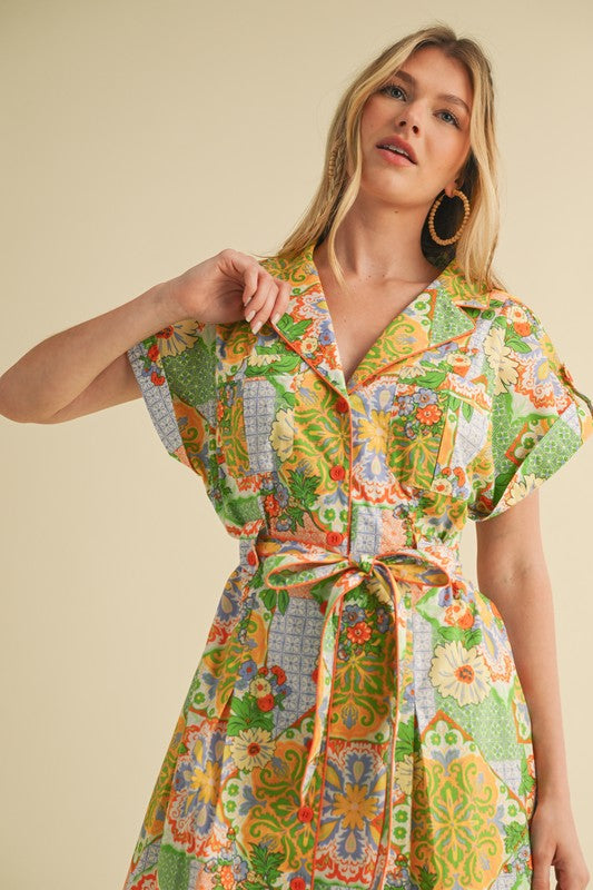 Button Down Mini Dress W/Piping in Sage Green Multi