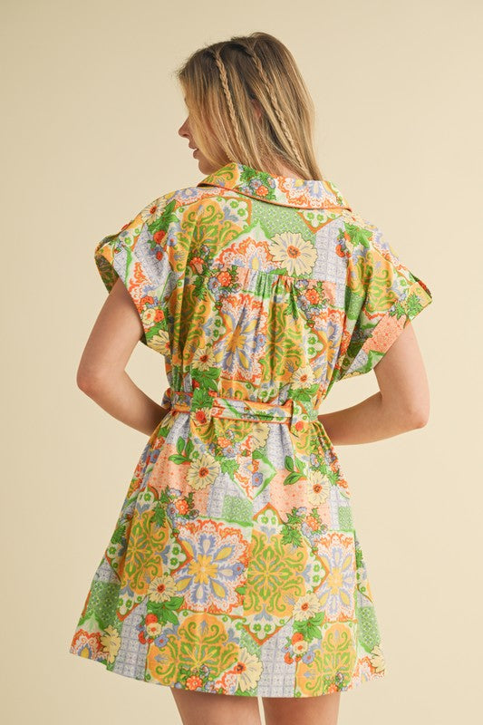 Button Down Mini Dress W/Piping in Sage Green Multi