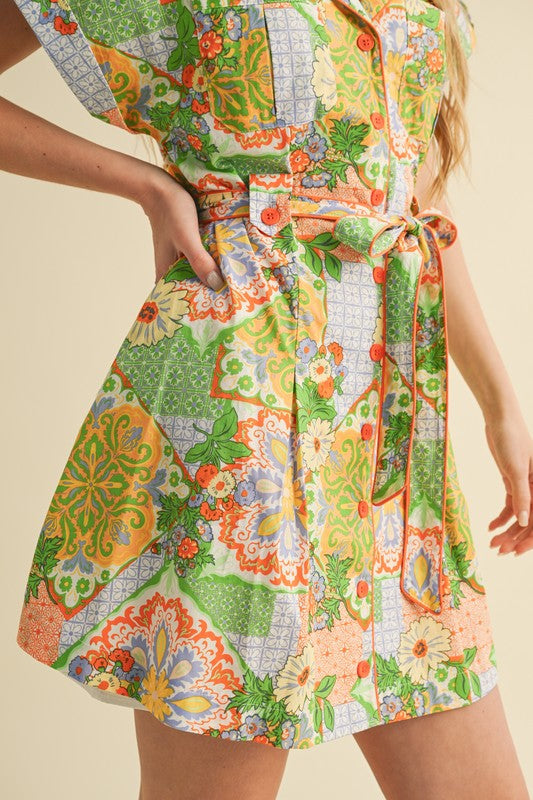 Button Down Mini Dress W/Piping in Sage Green Multi