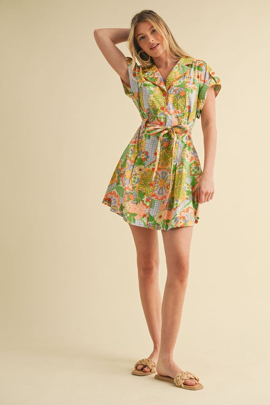 Button Down Mini Dress W/Piping in Sage Green Multi