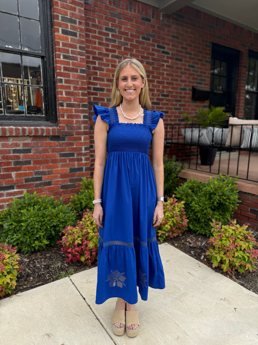Cutout Embroidery Dress in Cobalt