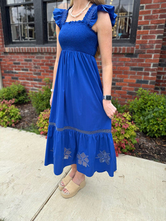 Cutout Embroidery Dress in Cobalt
