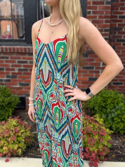 Green Multi Print Pleated Maxi Dress