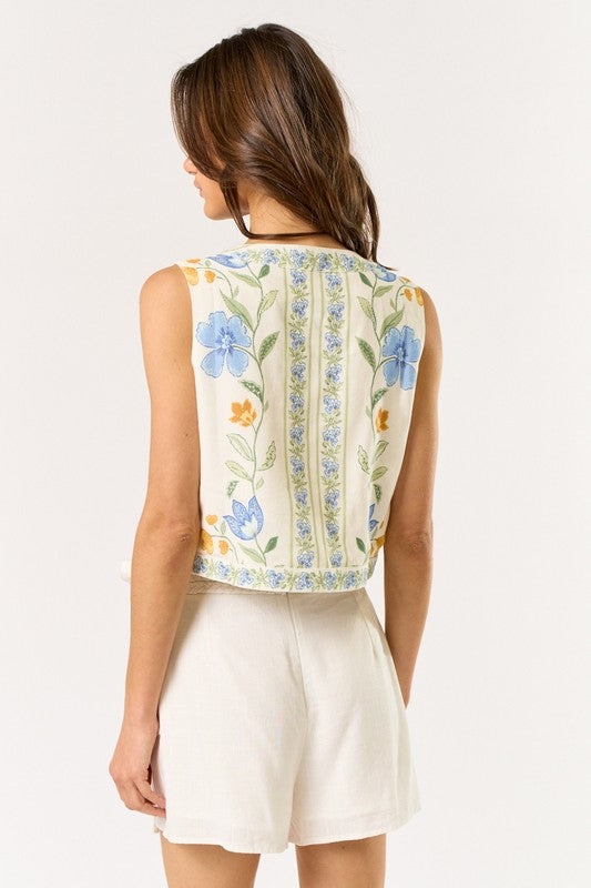 Front Tie Floral Vest in Off White/Blue Multi