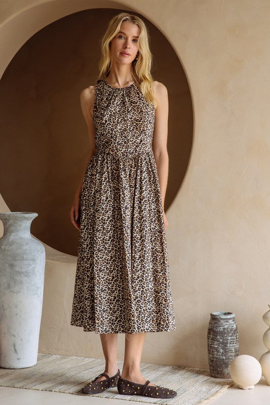 Leopard Print Poplin Midi Dress