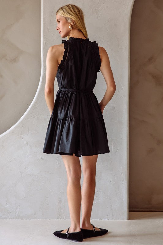 Black Ruffle Sleeve Poplin Dress