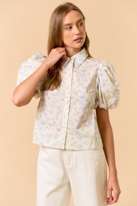 Floral Puff Sleeve Top in Off White/Light Blue