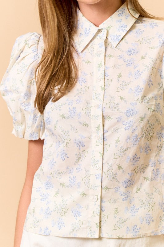 Floral Puff Sleeve Top in Off White/Light Blue