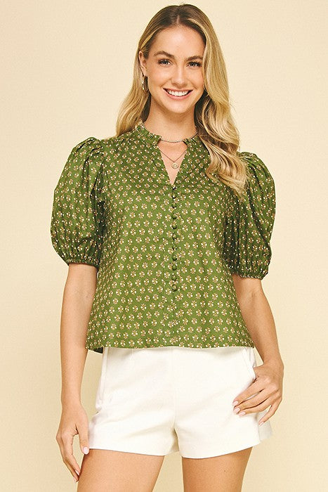 Olive Floral Puff Sleeve Blouse