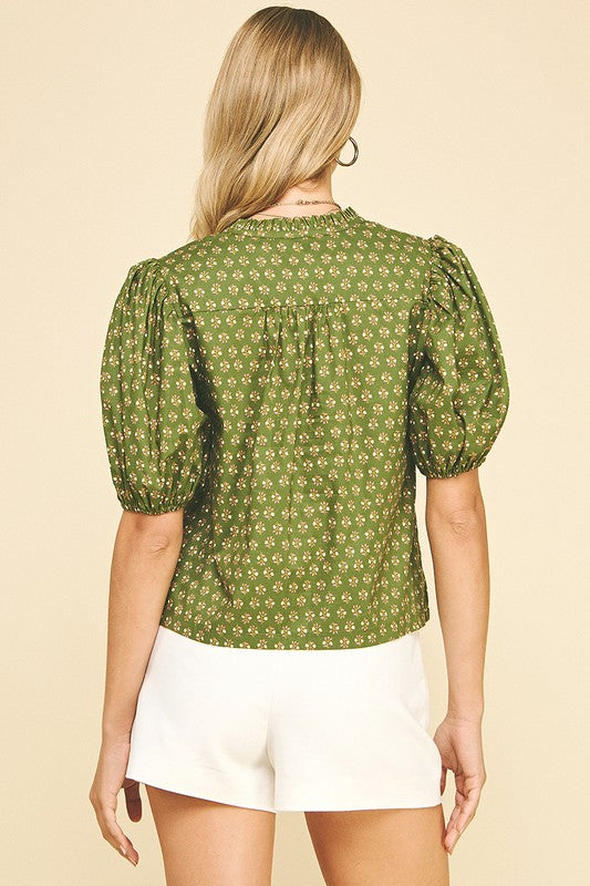 Olive Floral Puff Sleeve Blouse