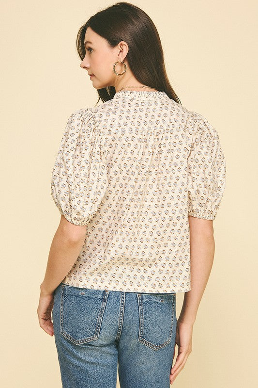 Cream Floral Puff Sleeve Blouse