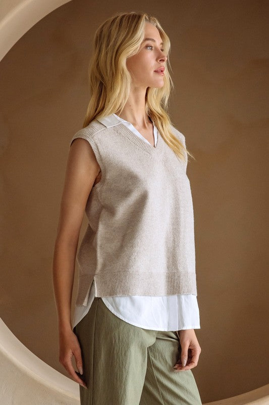 Mix Media Shirt Vest in Beige/Cream