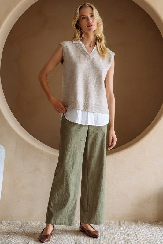 Mix Media Shirt Vest in Beige/Cream