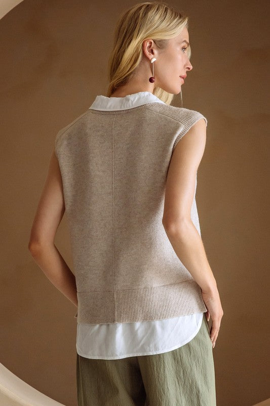 Mix Media Shirt Vest in Beige/Cream