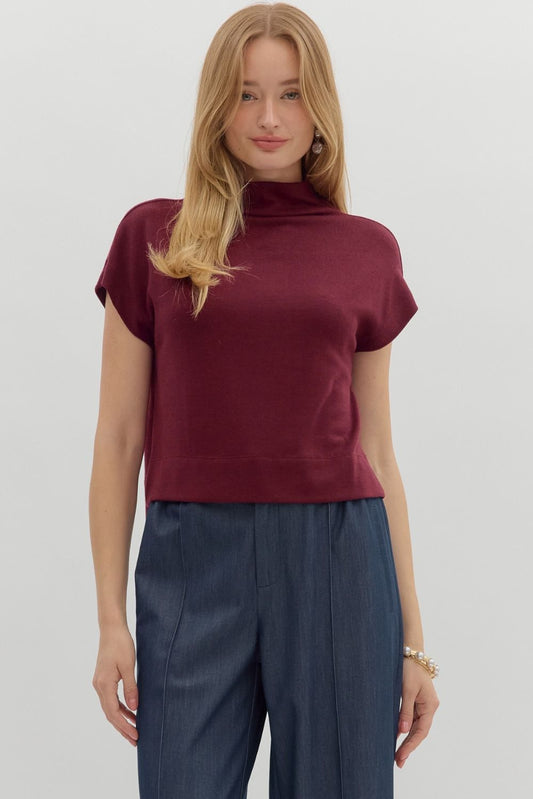 Solid Knit Mock Neck Pullover in Maroon