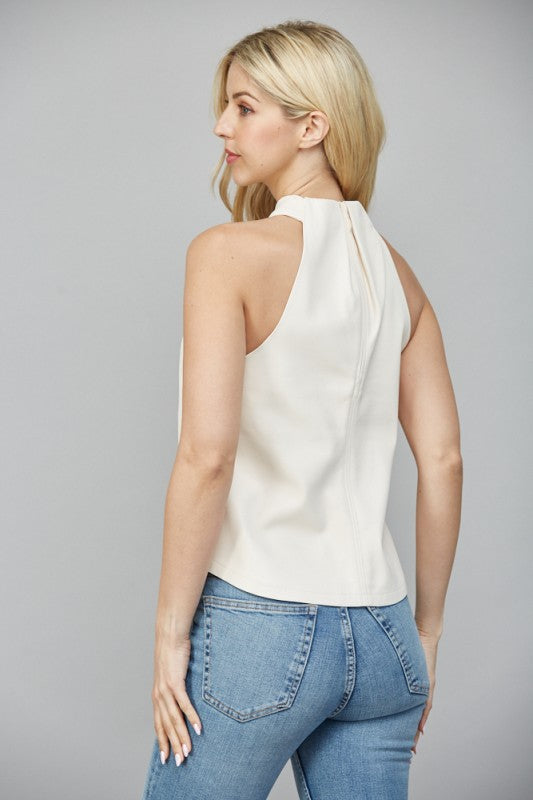 Faux Leather Crisscross Neckline Sleeveless Top in Ecru