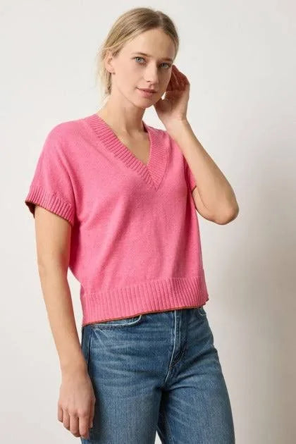 Short Sleeve V Neck Pullover Sweater in Calypso