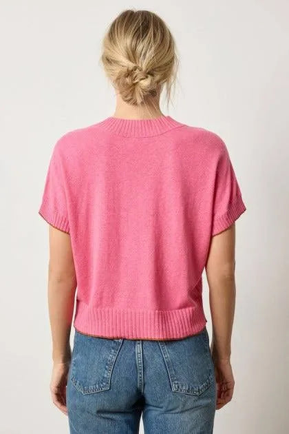 Short Sleeve V Neck Pullover Sweater in Calypso