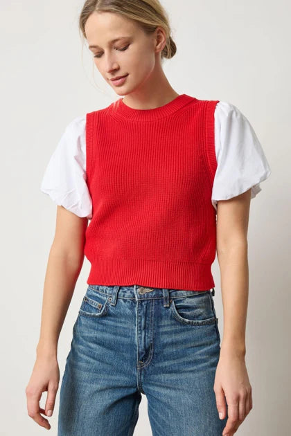 Mixed Media Pullover Sweater in Scarlet