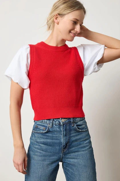 Mixed Media Pullover Sweater in Scarlet