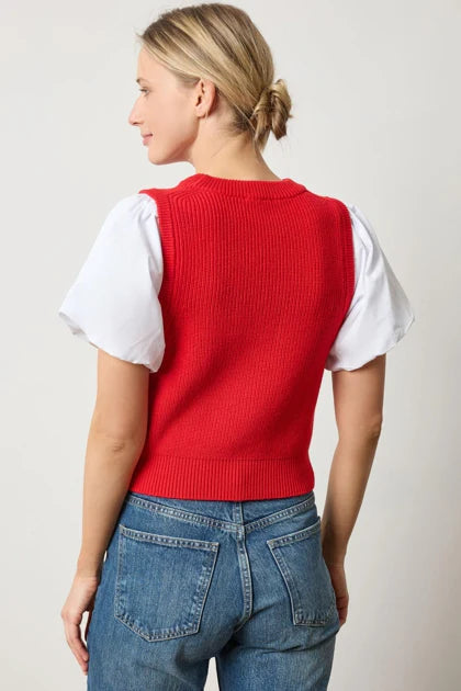 Mixed Media Pullover Sweater in Scarlet