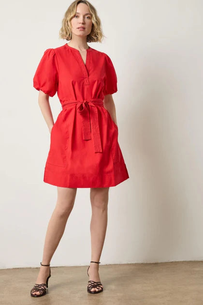 Shorted Sleeve Split Neck Dress in Scarlet