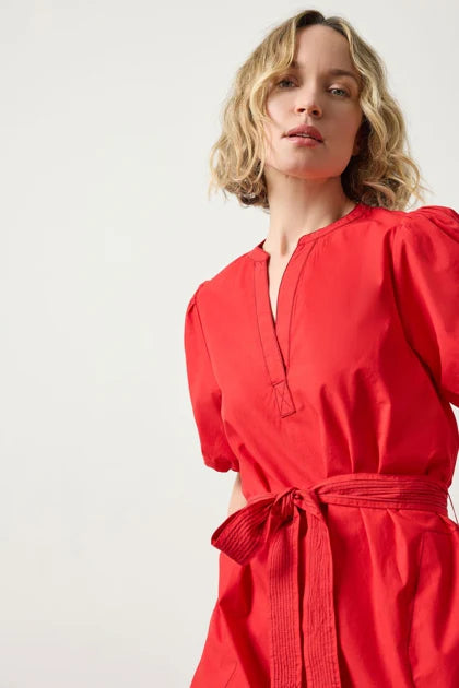 Shorted Sleeve Split Neck Dress in Scarlet