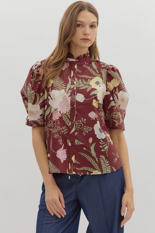 Floral Print Blouse in Merlot