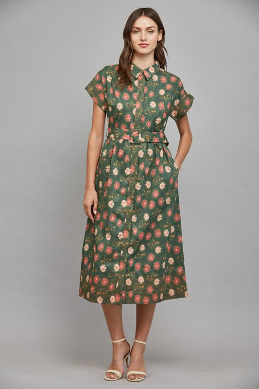 Flower Print Shirt Dress in Green Multi