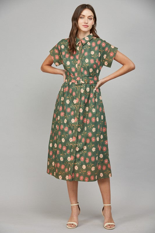 Flower Print Shirt Dress in Green Multi