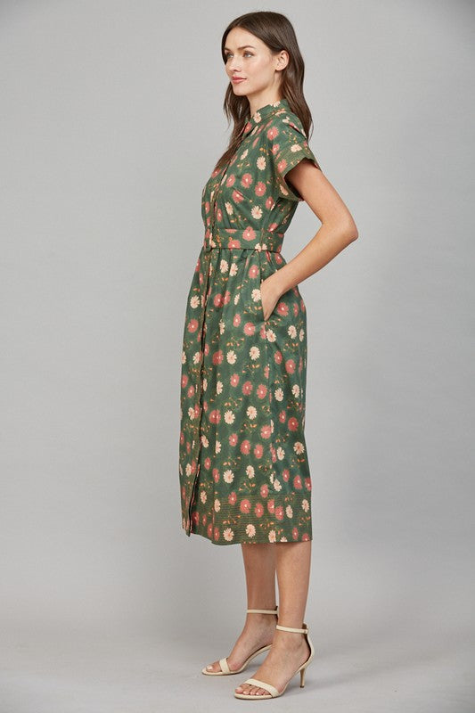 Flower Print Shirt Dress in Green Multi