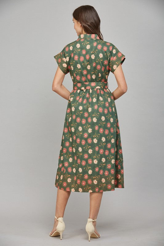 Flower Print Shirt Dress in Green Multi