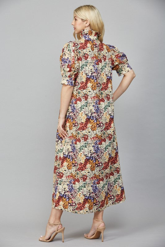 Floral Print Ruffled Stand Collar Midi Dress