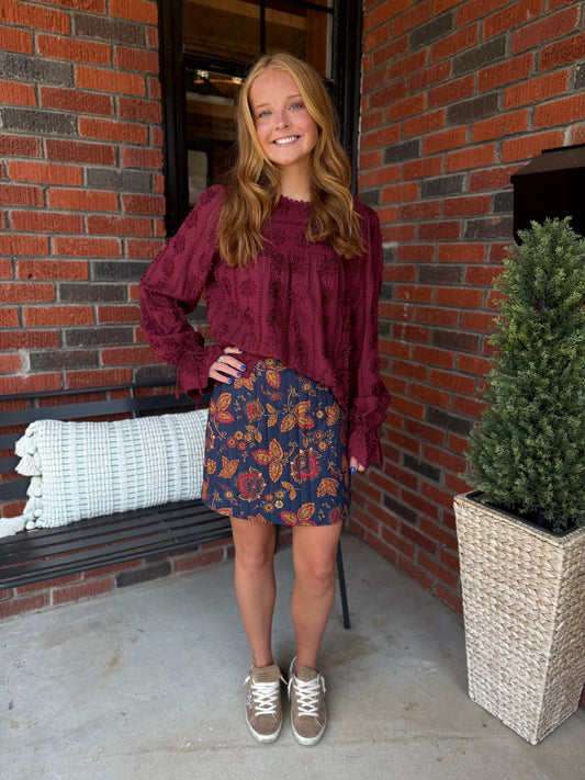 Tirza Linear Daisy Embroidery Top in Wine