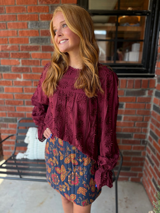 Tirza Linear Daisy Embroidery Top in Wine