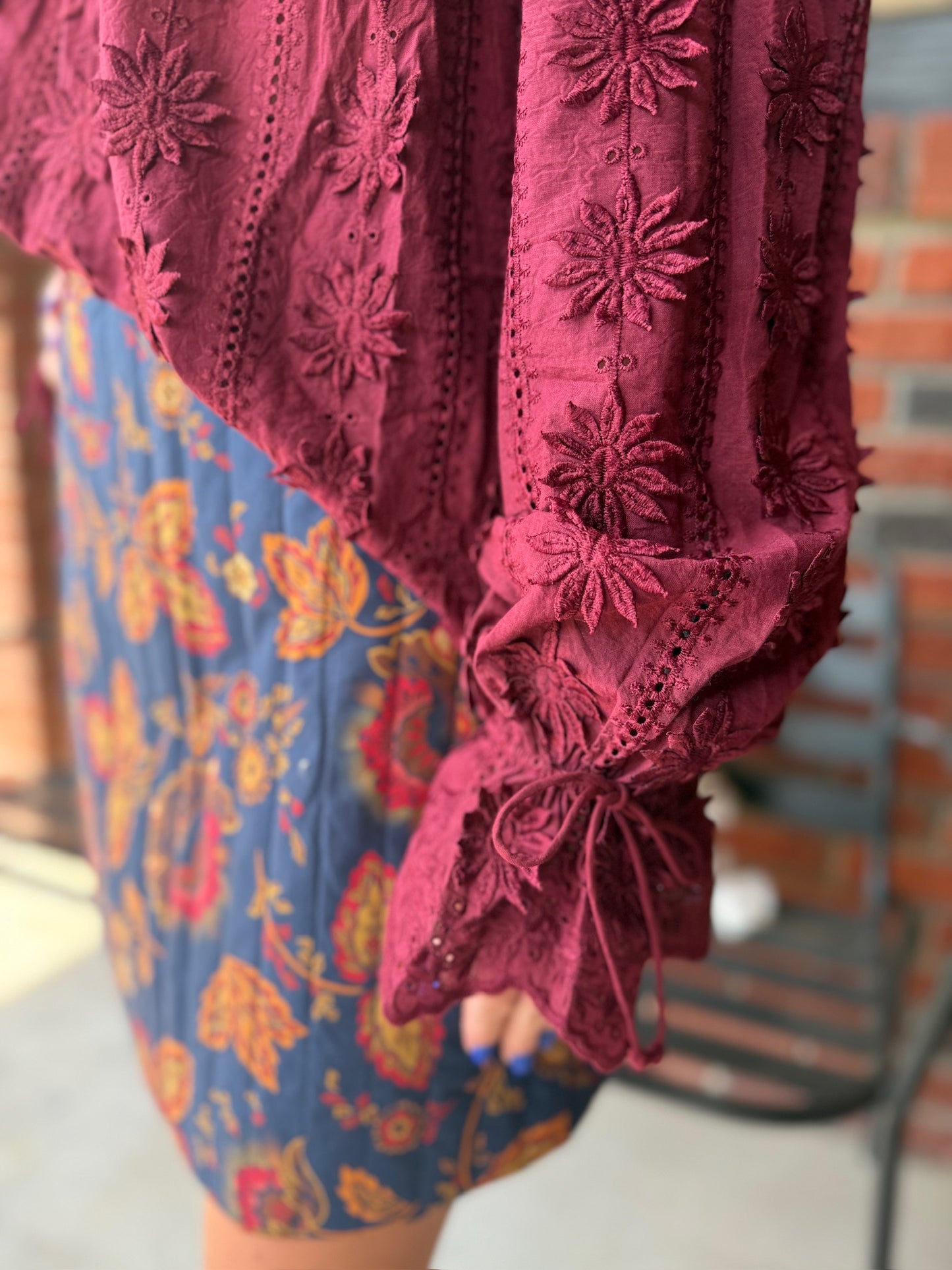 Tirza Linear Daisy Embroidery Top in Wine
