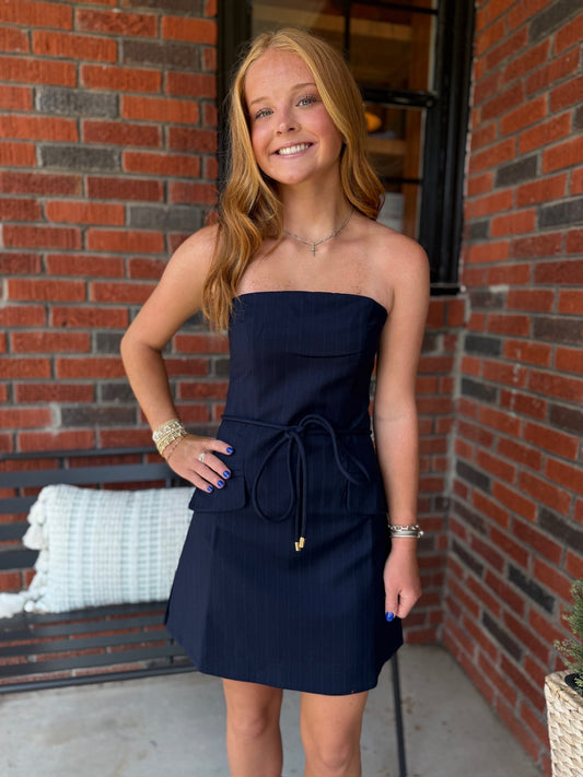 Randia Striped Mini Dress in Navy Pinstripe